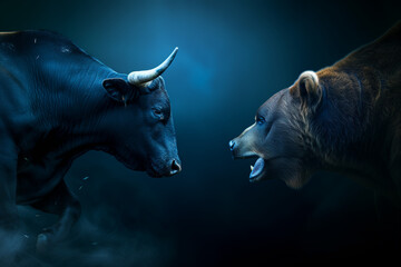 A bull versus a bear as business financial stock market concept blue tone background. - obrazy, fototapety, plakaty