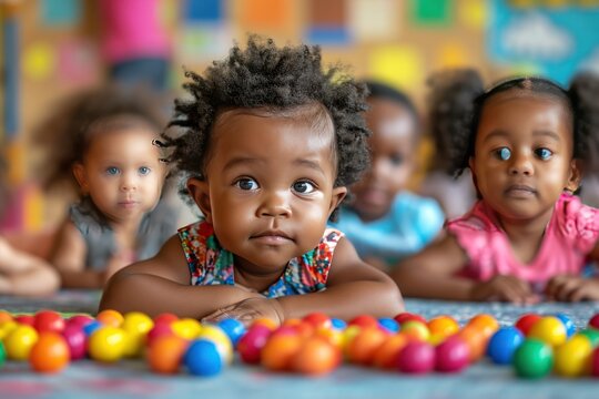 African American toddlers attend a multicultural daycare. Generative Ai.