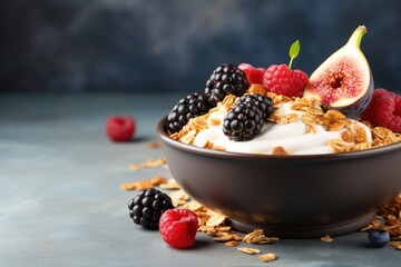 Bowl of Greek yogurt topped with granola, figs, berries, and copy space. Generative Ai.