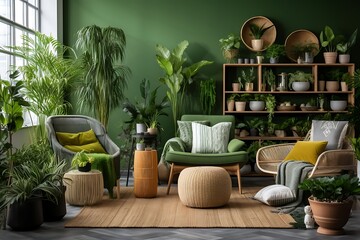 Interior of modern living room with green plants, armchairs and coffee table