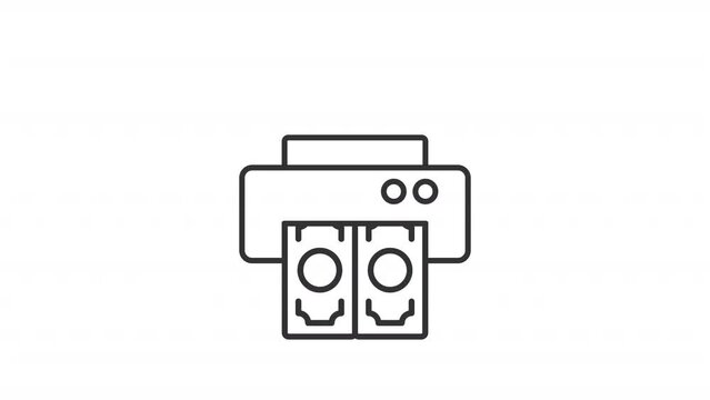 2D black simple thin line animation of money printer icon, HD video with transparent background, seamless loop 4K video representing economic crisis.