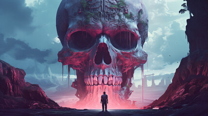 A man walks into a mysterious land with a giant skull - obrazy, fototapety, plakaty