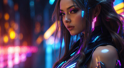 Attractive young brunette woman looking at camera. Cyberpunk style