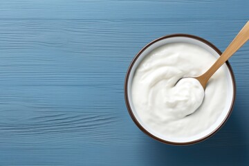 Greek yogurt in an empty space with a spoon. Generative Ai.