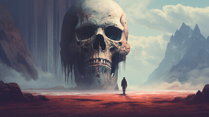 A man walks into a mysterious land with a giant skull - obrazy, fototapety, plakaty