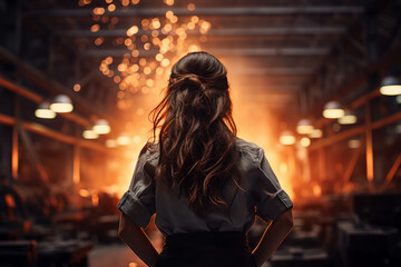Fototapeta na wymiar Rear view photo of woman on industry factory looking on manufacturing iron welding metal and light sparks generative AI