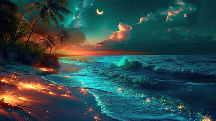 Fototapeta na wymiar The Moon Night And Sea. Fiction. Concept Art. Realistic Illustra