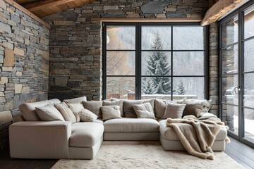 A corner sofa against a window in a room with stone wall cladding. Modern living room in the countryside.