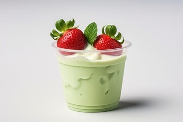 Strawberry yogurt in a green plastic cup set on a white background. Generative Ai.