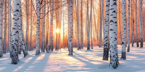 Winter sunset in the birch forest. Sunshine between white birch trunks in frosty weather - obrazy, fototapety, plakaty