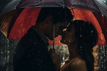 Generative ai image of romantic couple hugging kissing in the rain