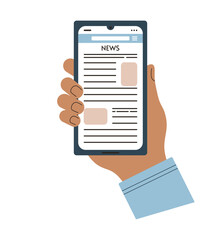 Hand holding smartphone with internet news media. Reading news on mobile phone display. Cellphone in human hand. World or financial news. Flat vector illustration on white isolated background. - obrazy, fototapety, plakaty