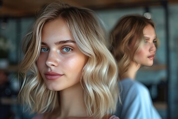 Young blonde before and after getting her hair colored and cut at a beauty salon. Generative Ai. - obrazy, fototapety, plakaty