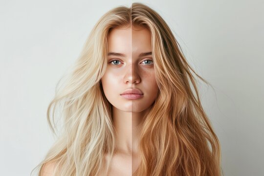 Young blonde before and after getting her hair colored and cut at a beauty salon. Generative Ai.