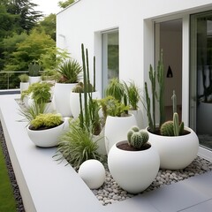 minimalist garden with several plants located in white pots