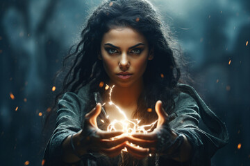 Fototapeta premium Generative AI image picture of powerful elements wizard practicing ice water air fire magic video game character