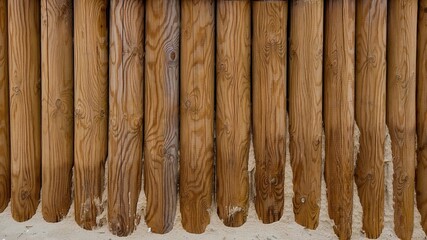 Wooden palisade made of logs. Log wooden fence. Sharp stakes in the ground. Background, concept. - obrazy, fototapety, plakaty