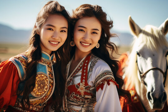 Portrait made with generative AI of charming mongolian two girls in traditional dress