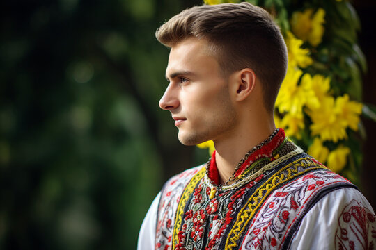 Generative AI picture photo of attractive nice ukrainian man in traditional embroidered national clothes