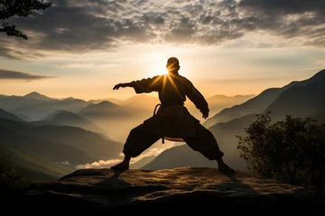 Tuinposter Generative AI picture of experienced karate fighter club martial arts traditional clothes training © Tetiana