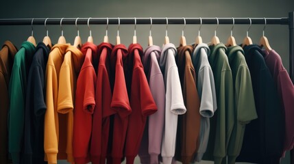 Hoodies of different colors hang on a hanger