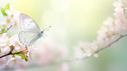 Spring background with blooming cherry tree and butterfly.