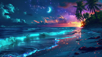 The Moon Night And Sea. Fiction. Concept Art. Realistic Illustra