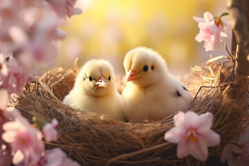 Cute little chicks in nest on spring background.