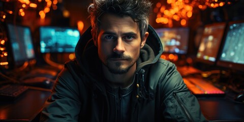 Portrait of cyberpunk system administrator programmer hacker person