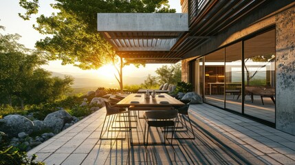 The terrace of a modern house and hotel. Luxury outdoor dining table with chairs - obrazy, fototapety, plakaty