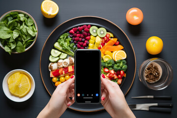 Equilibrio nutricional. Mano de una persona sujetando teléfono inteligente con espacio para texto e imágen. Aplicación, calorias y nutrientes para dieta y alimentación saludable. - obrazy, fototapety, plakaty