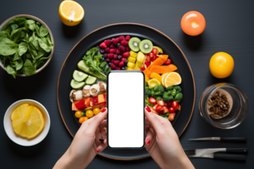 Equilibrio nutricional. Mano de una persona sujetando teléfono inteligente con pantalla vacía. Aplicación, calorias y nutrientes para dieta y alimentación saludable.