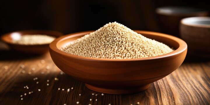 Quinoa in bowl on wooden kitchen table.