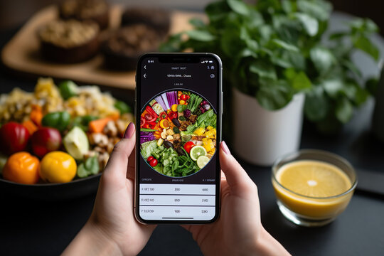 Equilibrio nutricional. Mano de una persona sujetando teléfono inteligente utilizando una aplicación de calorias y nutrientes para dieta y alimentación saludable.
