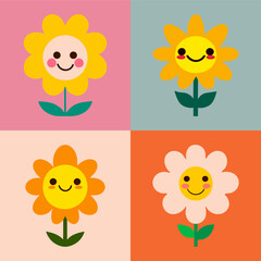 Happy cute sweet groovy hippie funny daisy flower wallpaper background vector.