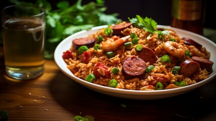 Spanish paella with shrimps, sausages and vegetables - obrazy, fototapety, plakaty