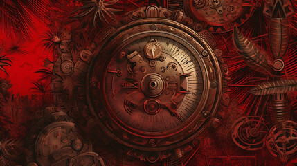red,  vintage background, products, enginer, generative, ai, steampunk, background, clockwork, brooch, 