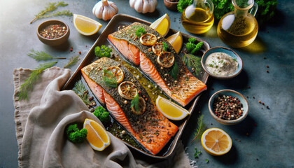 Herb-Crusted backed Salmon Fillets with Lemon Slices
