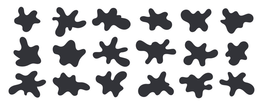 Set of organic blob or irregular abstract shapes. Liquid amoeba forms, black blotches isolated on white background. Doodle asymmetric splotches collection.