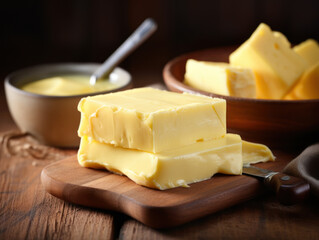 Block of Butter with Knife on Wooden Board