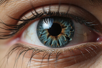 Perfect blue eye with heterochromia, macro shot, the vision of the future and healthy life concept