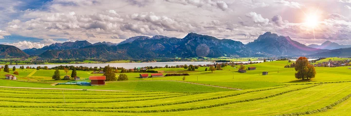 Zelfklevend Fotobehang Alpen panoramic landscape and nature with lake Forggensee and alps mountain range in Bavaria, Germany