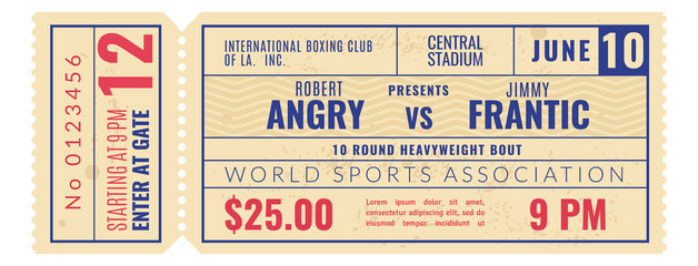 Sport event pass template. Retro paper ticket