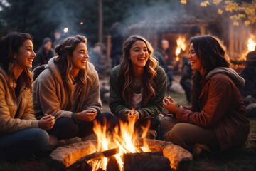 Diverse group of young people sitting around the campfire, happy youth enjoying vacation in the wilderness, in camping, bonding and laughing together. - obrazy, fototapety, plakaty