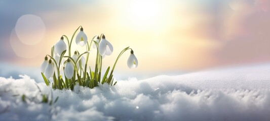 Spring awakening in the morning - White fresh snowdrops flower ( Galanthus ) in snow landscape - obrazy, fototapety, plakaty