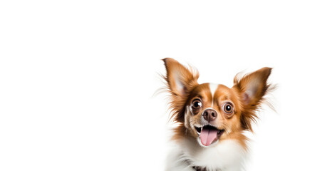 Surprised red chihuahua dog portrait on a white background. Advertising banner concept for a veterinary clinic or pet store.