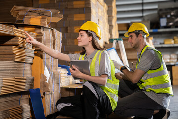 Warehouse worker and managers check stock and inventory by using digital tablet computer in the...