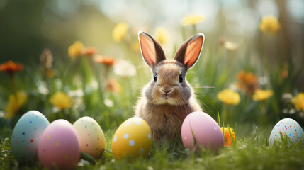 Fototapeta na wymiar Bunny in the garden with Easter colorful eggs in the grass.
