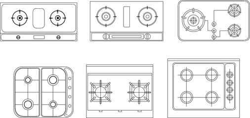 Collection of vector sketch illustrations of designs for stove cooking utensils seen from above