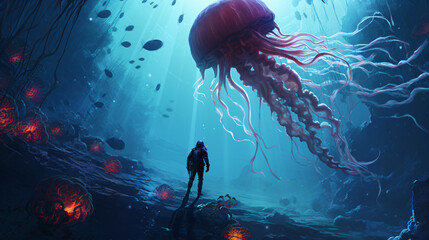 Big jellyfishes and diver in fantasy under water  - obrazy, fototapety, plakaty